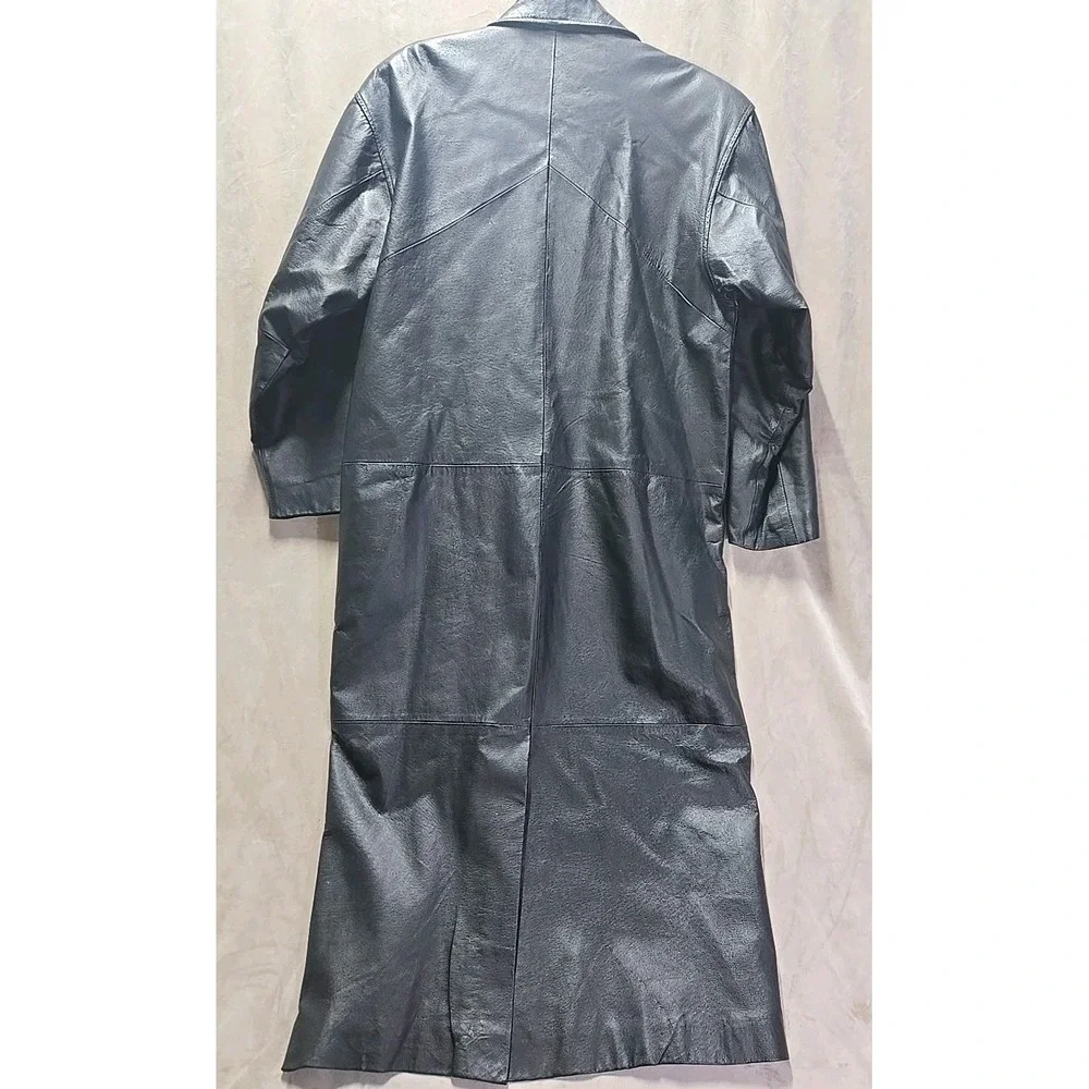 Vintage 90s Women Comint Black Leather Longline Trench‎ Coat Medium Oversized